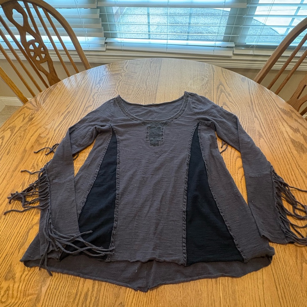 Free People Gray Fringe Long-Sleeve Top